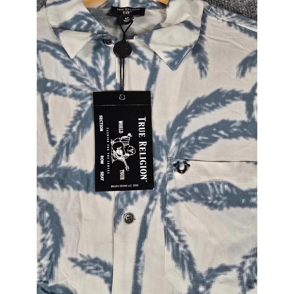 True Religion Men Palm Tree Camp Collar‎ Short Sleeve Button Up Shirt Size Small